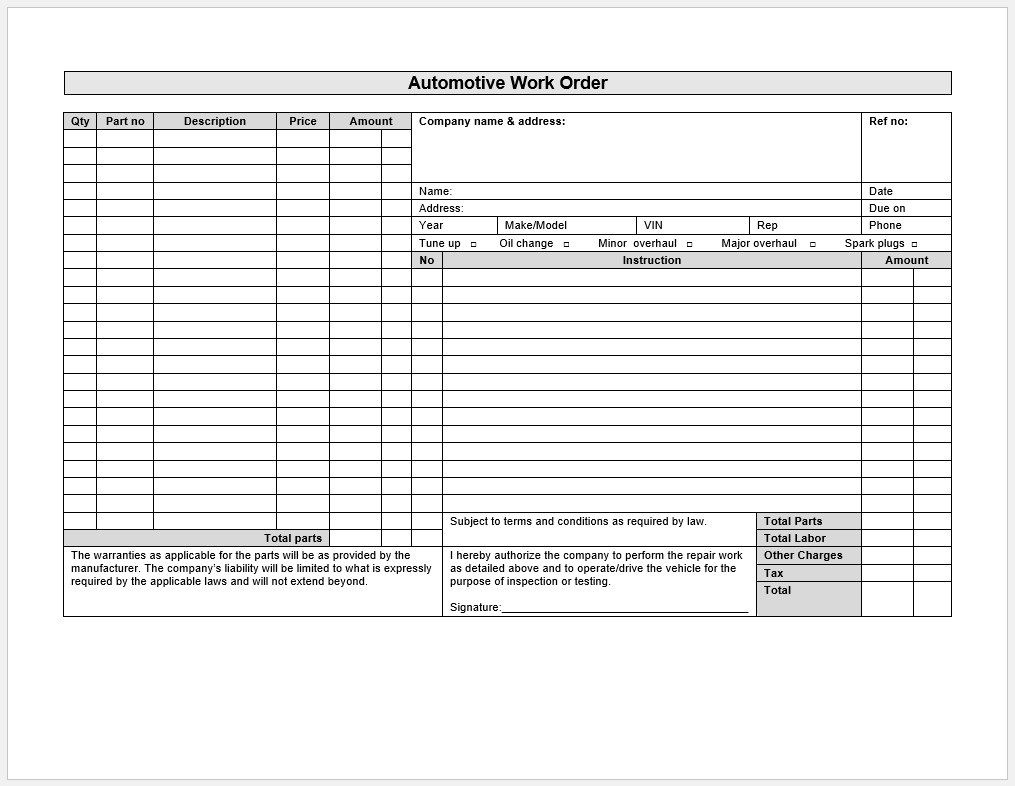 Auto Repair Work Order Template Excel Free Addictionary