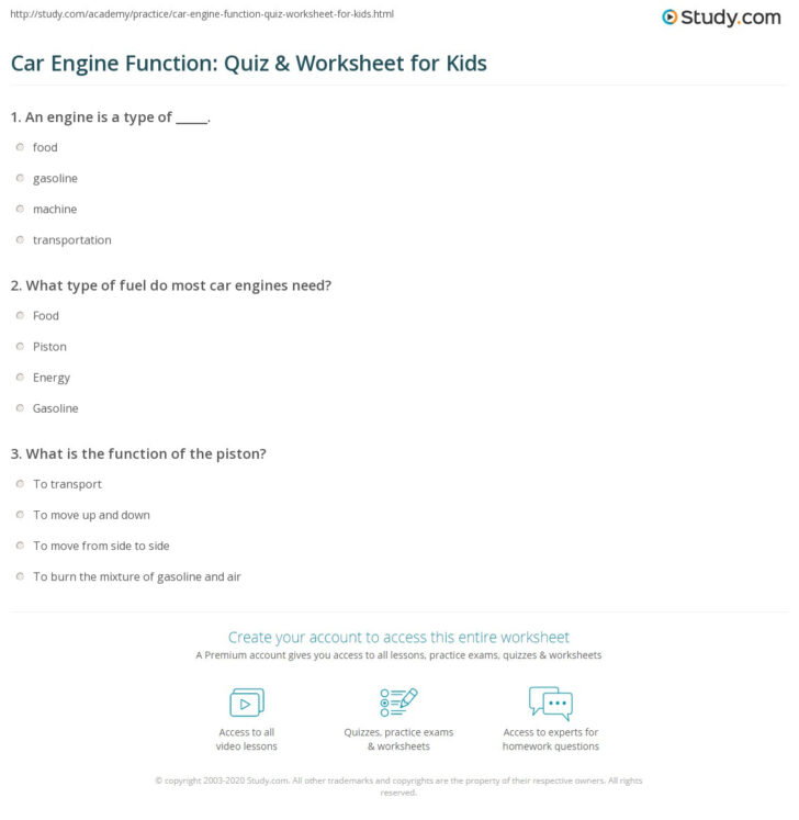 Car Engine Function Quiz Worksheet For Kids Study Automotive Math Worksheets