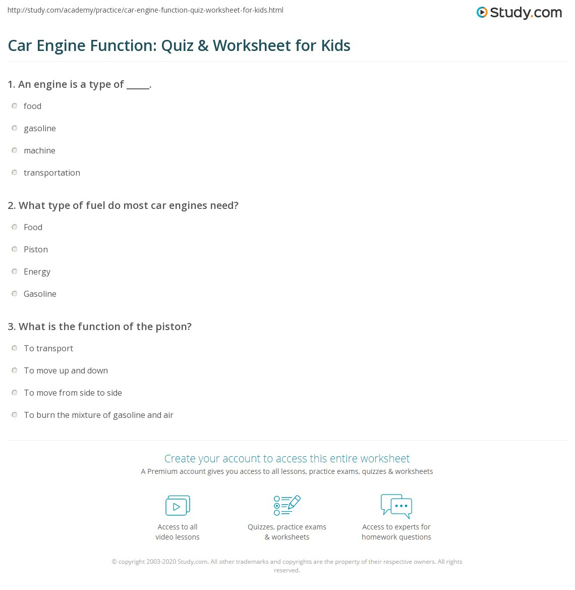 Car Engine Function Quiz Worksheet For Kids Study