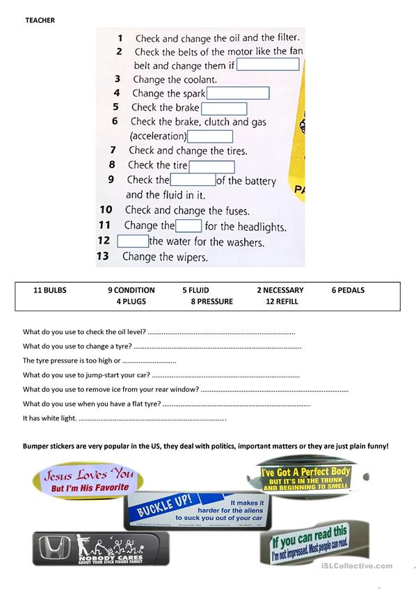 Car Parts And Expressions For Car Mechanic Students Worksheet Free 