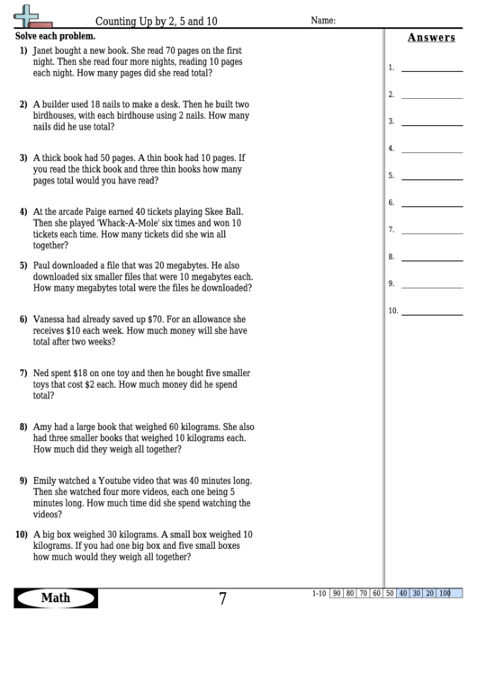 Counting Up By 2 5 And 10 Math Worksheet With Answers Printable Pdf 