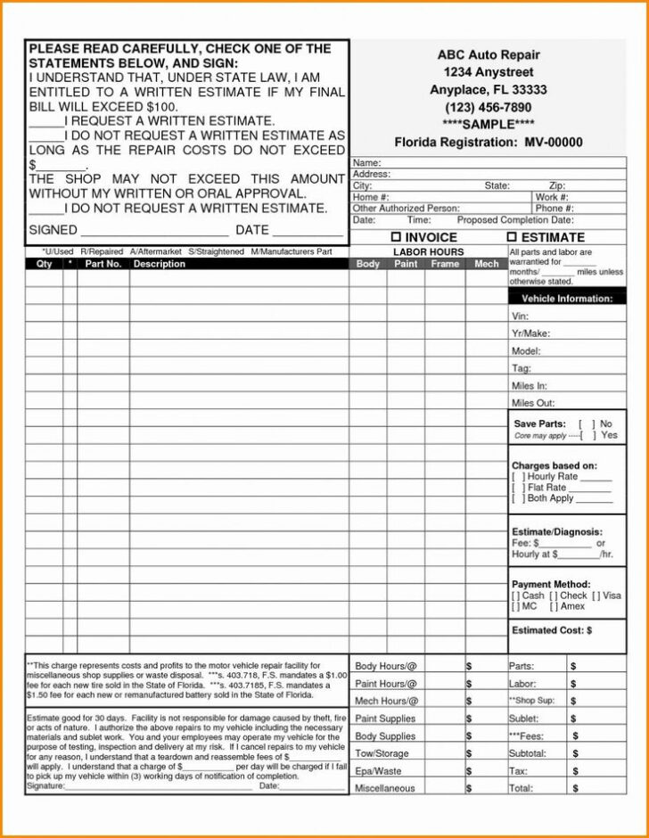 Free Automotive Shop Forms Worksheet