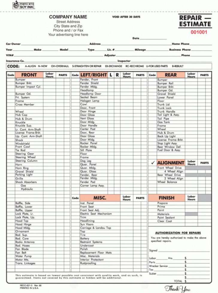 Automotive Service Form Template Worksheet