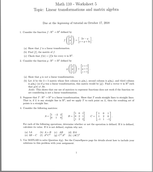 Math 110 Worksheet 5 Topic Linear Transformations Chegg