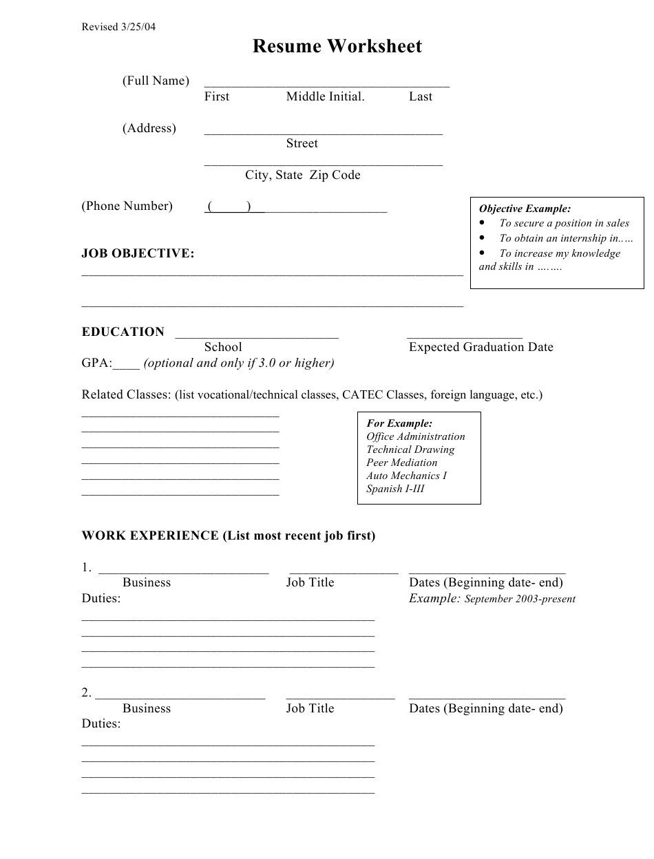 Resume Worksheet Template Download Printable PDF Templateroller