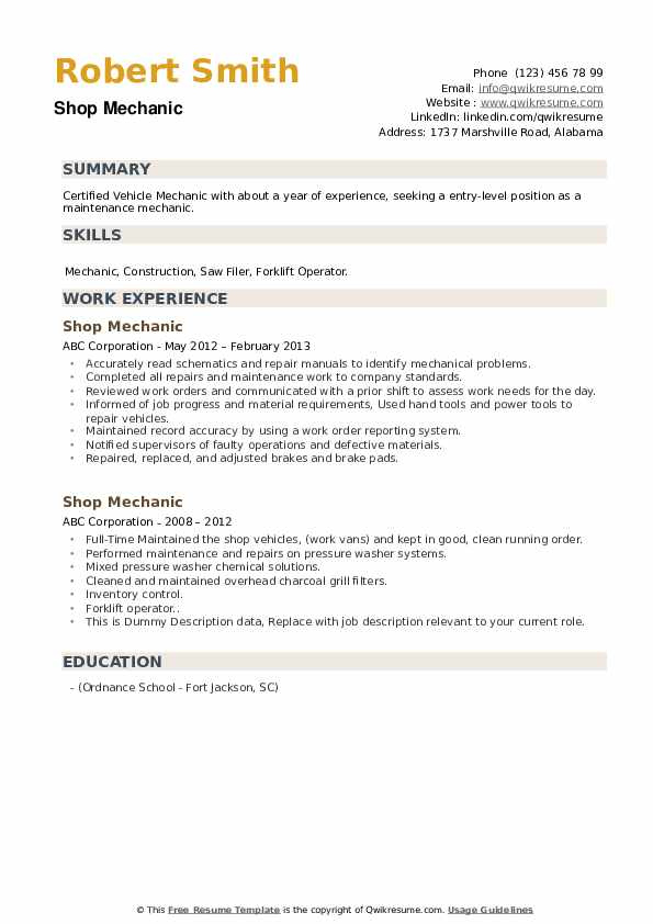 Shop Mechanic Resume Samples QwikResume