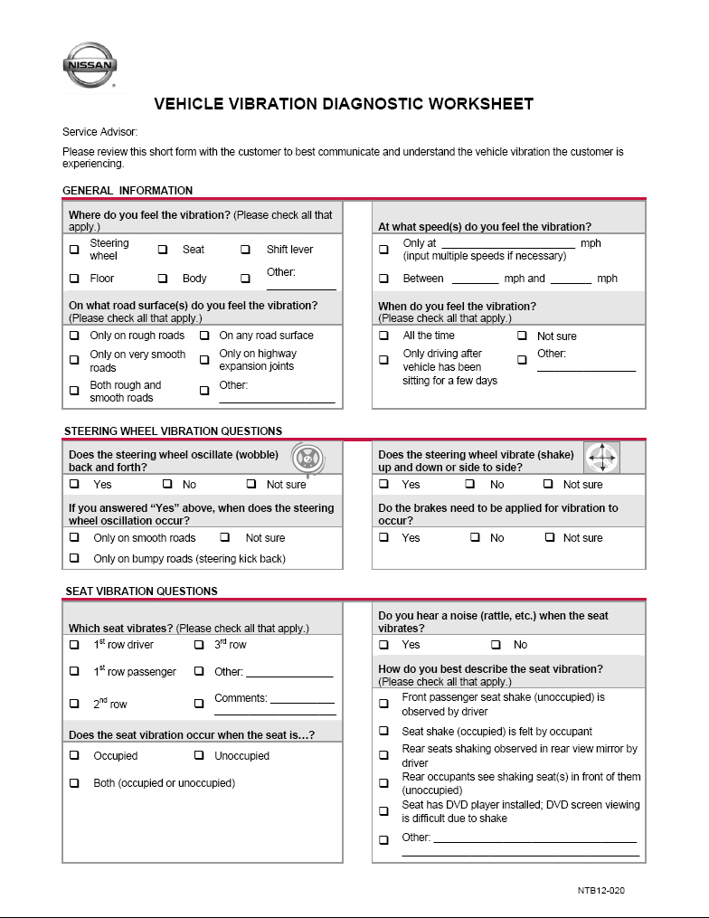 Vehicle Vibration Customer Diagnostic Worksheet